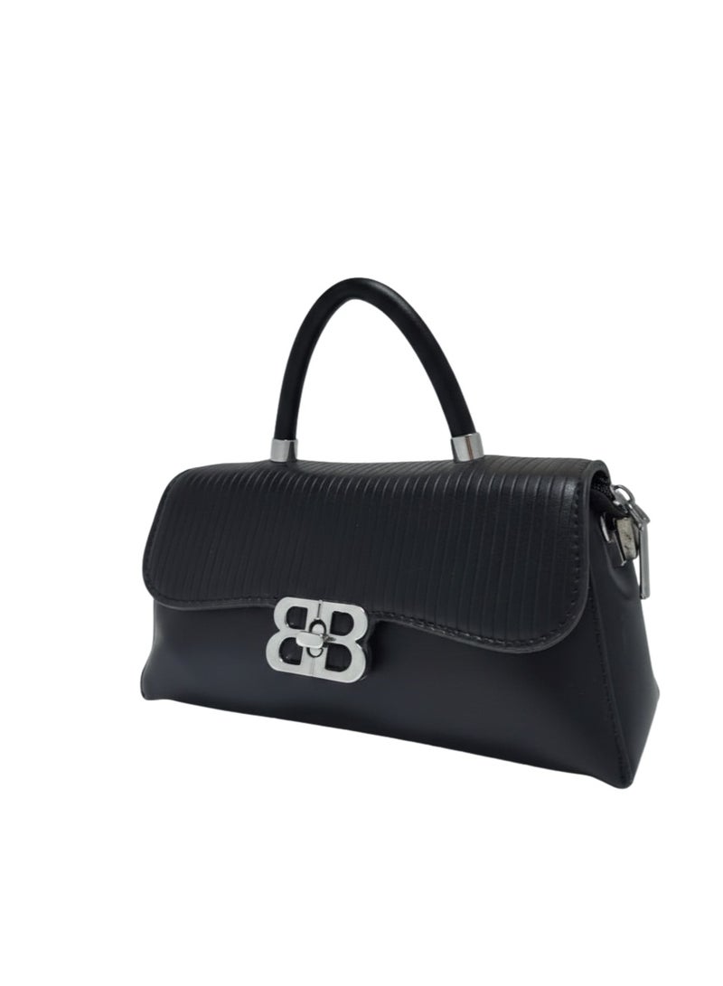 BB Women's Structured Trapezoid Satchel – Premium Top-Handle Handbag with Metallic Logo and Flap Closure – Black - Image 2